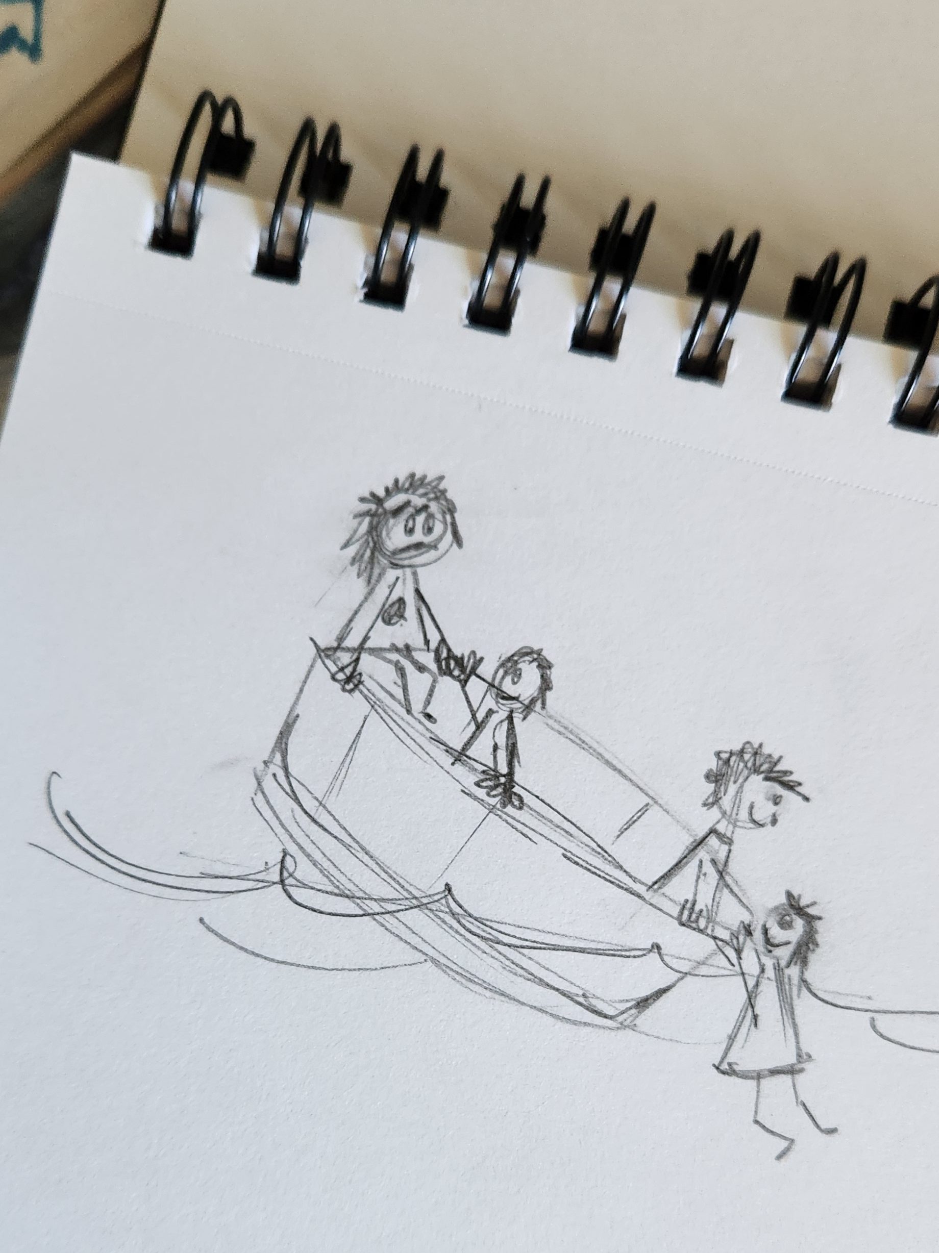 cartoon sketch of a life raft and people